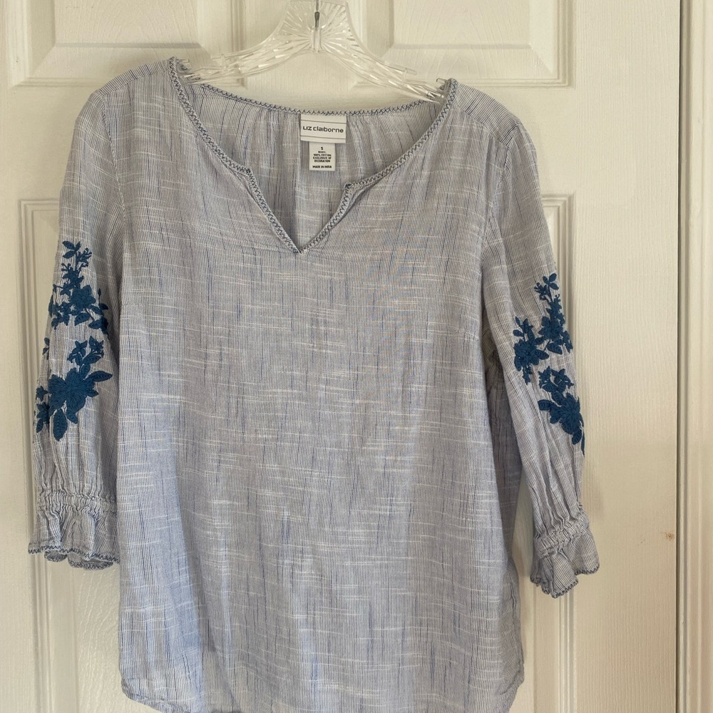 Liz Claiborne Light Gray Blouse with Dark Blue Embroidery
